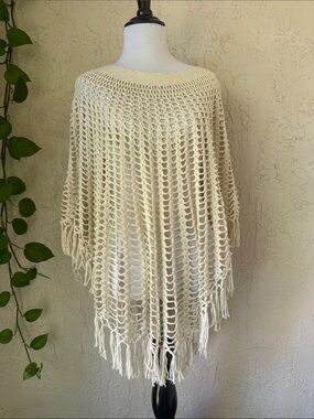 Calypso St. Barth Cream Open-Knit Fringe Poncho Sweater